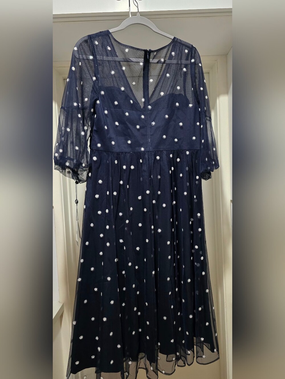 Navy With White/Glitter Polka Dots Mesh Midi Dress - Elegant Women's Party Dress - Picture 11 of 13
